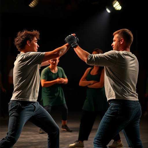 Ein Bühnenkampf-Workshop: Studenten üben Kampfszenen mit einem professionellen Bühnenkampf-Choreografen.