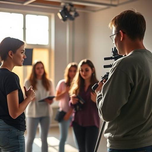 Ein Filmschauspiel-Workshop: Studenten stehen vor der Kamera und drehen eine Szene mit einem Regisseur.