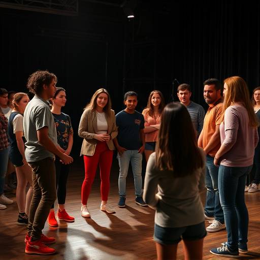 Studenten nehmen an einem Improvisationsworkshop teil und stehen auf der Bühne, um eine Szene zu spielen.